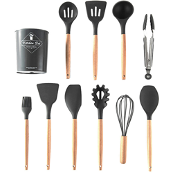Set di 11 utensili da cucina con secchio portaoggetti Manico in legno Utensili da cucina in silicone Utensili e gadget da cucina resistenti al calore en oferta