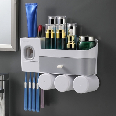 Portaspazzolino da parete Organizer per trucco Dispenser per dentifricio Scatola portaoggetti per cosmetici impermeabile (3 tazze)
