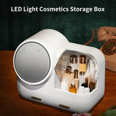 Happyshopping - Organizzatore per trucco luminoso a LED Scatola portaoggetti cosmetica con ventola a specchio LED Scatola espositore per trucco