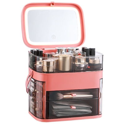 Scatola portaoggetti per trucco con specchio LED Custodia per cosmetici resistente all'acqua e antipolvere Scatola portaoggetti per trucco con