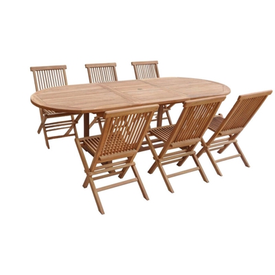 SALENTO - tavolo di montaggio estendibile da giardino ovale e sedie pieghevoli teak - 180 a 240 CM - 8 Persone - Sedie X 6 - Beige naturale