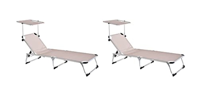 XONE Coppia Lettini Pieghevole, Mare, Piscina, Giardino, con Parasole Colore Beige | Struttura in Alluminio e textilene Traspirante | Dimensioni Dimen