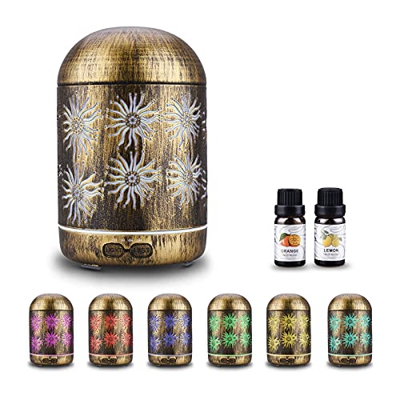 JVJH 300ml Diffusore di olio essenziale, Diffusore di Aromi Metallo, Diffusore di olio per aromaterapia con 2x10ml Oli Essenziali Inclusi, luci LED a 