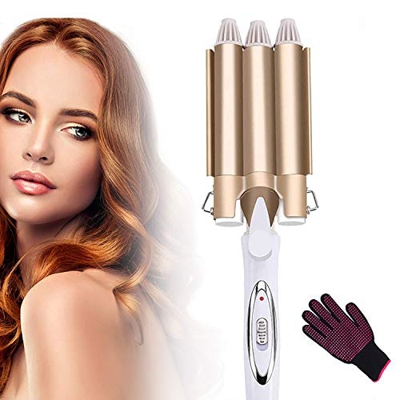 Ferro Arricciacapelli, Bacchetta Arricciacapelli a 3 Canne, Barilotti Tripli in Tormalina in Ceramica, Piega Capelli a Doppia Tensione, Piega Capelli 