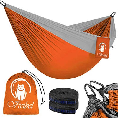 Vivibel Amaca da Campeggio, Amaca da Viaggio carico 300 kg, 275 x140 cm, Materiale Paracadute in Nylon Traspirante e ad Asciugatura Rapida, 2 x Mosche