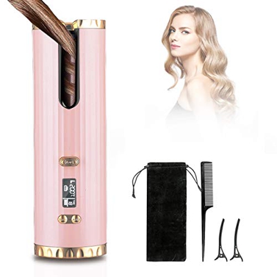 Ferro Arricciacapelli Automatico Senza Fili, con Display LCD, Temperatura Regolabile e Timer, Bigodino Portatile in Ceramica, Ricarica USB e Ricaricab