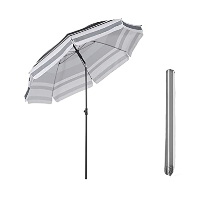 Sekey® Ombrellone Ø 240 cm Tondo Ombrello Parasole da Esterno da Giardino da Spiaggia Protezione Solare UV25+ Strisce Bianche Grigie