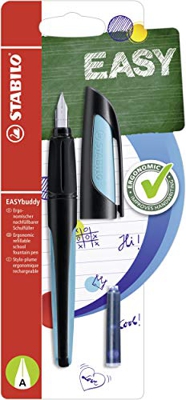 Penna Stilografica Ergonomica per bambini - STABILO EASYbuddy in Nero/Azzurro - Punta Principiante - 2 Cartucce Blu incluse