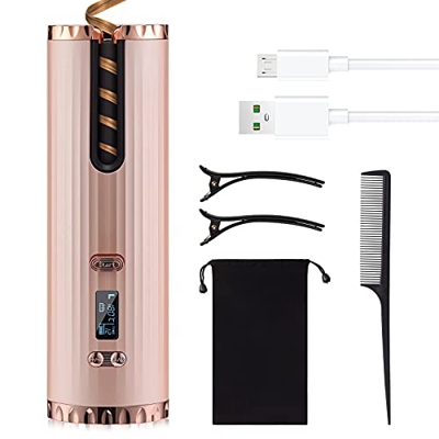 Wirhaut Ferro Arricciacapelli Automatico con 6 Temperature e Display LCD, Ferro Arricciacapelli Wireless con Ricarica USB, Portatile per Viaggi in Tut