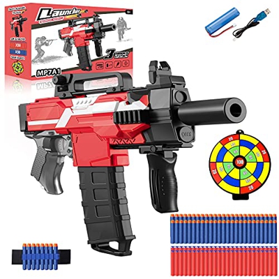 Pistola Giocattolo per Nerf Dardi, Pistola Elettrico con 100 Dardi, Bersaglio, Batteria Ricaricabile e Polsino, Pistole Blaster 3 velocità, Regalo per
