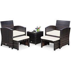 Set di 5 Mobili in Rattan, Set Conversazione da Esterno con Sedia e Ottomana e Tavolino da Caffè in Vetro Temperato, Braccioli Imbottiti, Perfetto en oferta