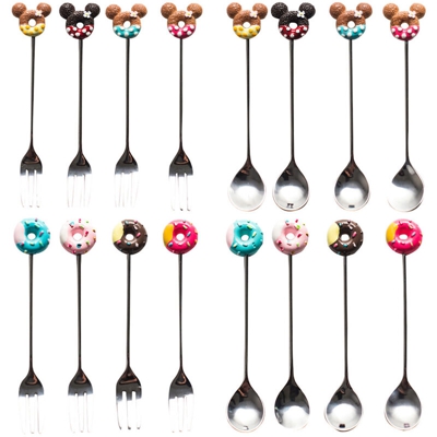 Carino acciaio inossidabile 304 cucchiaio forchetta ciambella cartone animato testa di animale caffe gelato dessert te caramelle cucina posate regalo