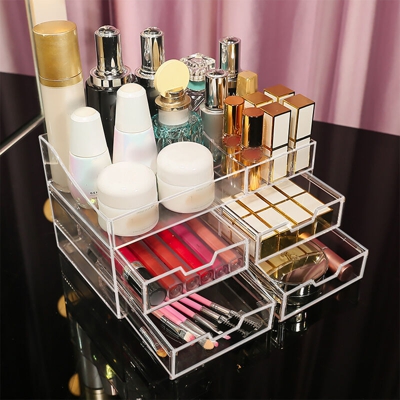 Organizer per il trucco Cosmetici in acrilico Trucco e gioielli Cassetti portaoggetti Display Scatola a 4 cassetti Elegante salvaspazio per pennelli