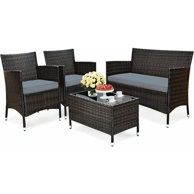 Set 4 Mobili in Rattan per Cortile con Tavolino da Caffè in Vetro Temperato, Set Tavolo e Divano da Esterno con Cuscino Spesso, Ideale per Giardino
