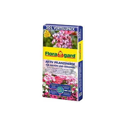 Floragard - Terriccio attivo per piante da balcone e geranio, 50 l, con 6 mesi di fertilizzante a lunga durata
