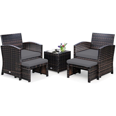 Set di 5 Mobili in Rattan, Set Conversazione da Esterno con Sedia e Ottomana e Tavolino da Caffè in Vetro Temperato, Braccioli Imbottiti, Perfetto