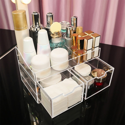 Organizer per trucco Cosmetici in acrilico Trucco e gioielli Cassetti portaoggetti Display 2 cassetti Scatola Elegante salvaspazio per pennelli per