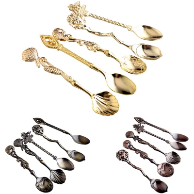 5 pz/set Vintage Stile Marino Cucchiai Te Caffe Posate D'epoca In Lega di Zinco Intagliato Serie Ocean Cucchiaio Da Dessert Decorativo Posate Da