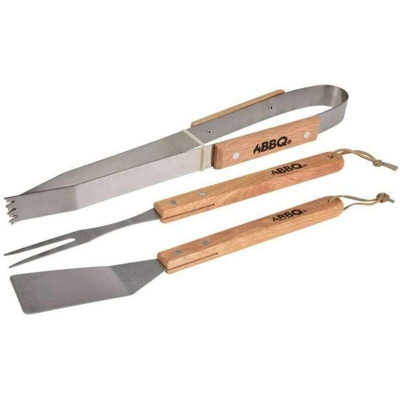 UTENSILI BBQ MANICO LEGNO 3pz - SET KIT PER BARBECUE