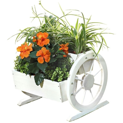 Fioriera a ruota di carro in legno 44 x 42 x 40 cm - bellissimo vaso decorativo per piante con grandi ruote di carro, legno di abete rosso, bianco