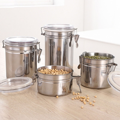 4 pz/set contenitore di stoccaggio in acciaio inox coperchio trasparente a tenuta stagna chicchi di caffe frutta secca te latte in polvere caramelle