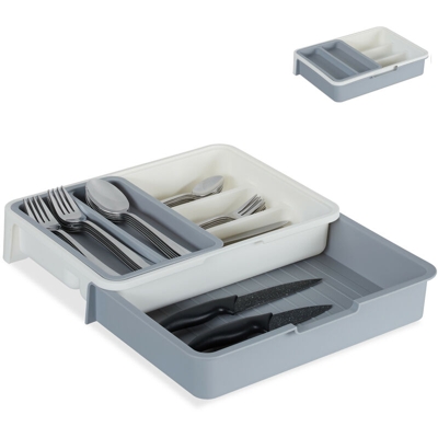 Portaposate da Cassetto, Regolabile, 7 Scomparti, Posate & Accessori Cucina, Plastica, 6x23,5x31,5 cm, grigio