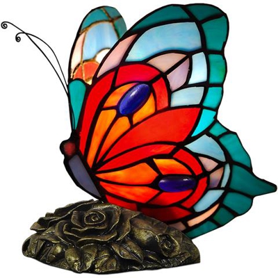 Farfalla Lampada da comodino con paralume in vetro saldato lavorazione Tiffany e base in resina bronzata AB08019