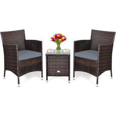 Set di 3 Mobili in Vimini per Cortile, Set Conversazione in Rattan con Tavolino da Caffè Sedie e Cuscini Spessi, per Giardino Prato e Piscina (Grigio)
