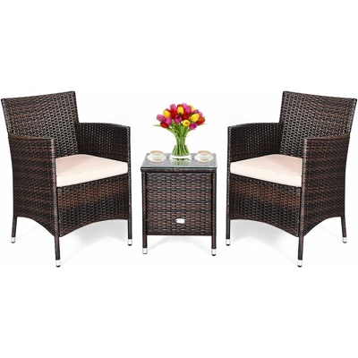 Set di 3 Mobili in Vimini per Cortile, Set Conversazione in Rattan con Tavolino da Caffè Sedie e Cuscini Spessi, per Giardino Prato e Piscina