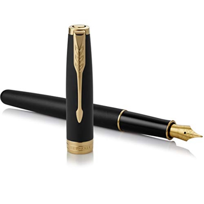 PARKER Sonnet Penna Stilografica, Laccatura di Colore Nero Opaco con Finiture in Oro, Pennino Medio, Confezione Regalo