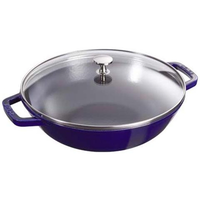 Wok medio ghisa c / coperchio vetro 30cm blu
