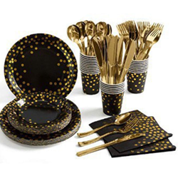 175PCS Forniture per feste con stampa in oro Stoviglie per feste usa e getta Include Dot Coriandoli Piatti di carta Tovaglioli Taglierini Forchette precio