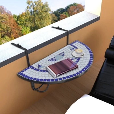 vidaXL Tavolo Sospeso da Balcone Blu e Bianco a Mosaico - Multicolore