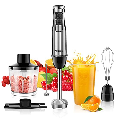 NWOUIIAY Frullatore Immersione 1500W 6 in 1 Multifunzionale Minipimer Acciaio Inossidabile 304 con 500ml Tritatutto 600ml Tazza Frusta Montalatte Mixe