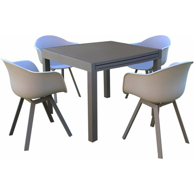 Set tavolo e sedie da giardino per esterno in alluminio cm 90/180 x 90 x 75 h con 4 sedute colore Taupe