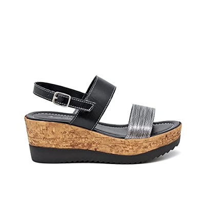 QUEEN HELENA 3243 Sandali Aperti con Zeppa in Pelle Donna Nero 38 EU