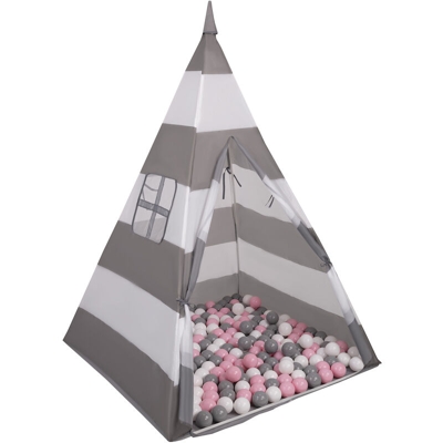 Selonis Tenda Indiana Tipi Gioco Per Bambini Con 100 Palline Colorate, Righe Grigio-Bianco:Bianco/Grigio/Rosa Chiaro - righe
