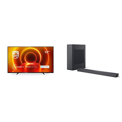 Philips TV Ambilight 50PUS7805/12 50" 4K UHD LED Processore P5 Picture, HDR10+, Smart TV, Nero + B6305/10 Soundbar Altoparlante Bluetooth Subwoofer Wi