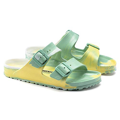 Birkenstock Sandali Arizona da adulto, unisex, con suola in plastica EVA, Giada multicolore vibrante, giallo e bianco, 46 EU