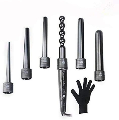OFKPO 6 in 1 Intercambiabili Arricciacapelli Bigodino Arricciatura dei Capelli Curling - Ceramica con Ferri di Diverso Diametro di (Nero)