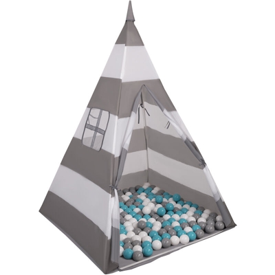 Selonis Tenda Indiana Tipi Gioco Per Bambini Con 200 Palline Colorate, Righe Grigio-Bianco:Grigio/Bianco/Turchese - righe