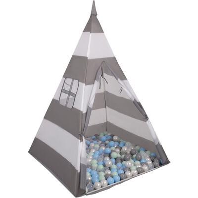 Selonis Tenda Indiana Tipi Gioco Per Bambini Con 200 Palline Colorate, Righe Grigio-Bianco:Perla/Grigio/Trasp/Azzur/Menta - righe