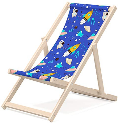 Novamat, sedia a sdraio per bambini, in legno, pieghevole, da spiaggia, da giardino e per il balcone, per prendere il sole, motivo: razzi spaziali