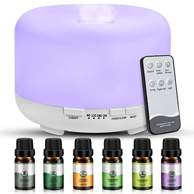 Diffusore di aromi, Diffusore di olio aromaterapico da 450 ml con 6 * 10 ml di olio essenziale puro, luce a 7 colori, impostazione della modalità nebb