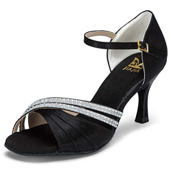 JIA JIA Donna 20524 Sandali latini 2.7 '' tacco svasato pattini eccellenti Satin strass di danza 42 EU Nero en oferta