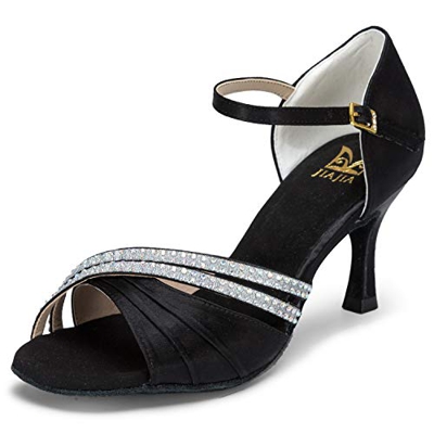 JIA JIA Donna 20524 Sandali latini 2.7 '' tacco svasato pattini eccellenti Satin strass di danza 42 EU Nero