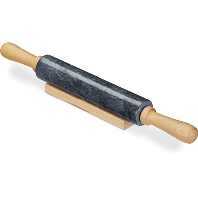 Mattarello in Marmo, Manici in Legno, Pesante, Piatti al Forno & in Padella, con Sostegno, 48 cm, Nero