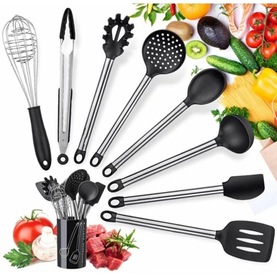 Utensili da cucina, utensili da cucina in silicone da 9 pezzi con manico in acciaio inossidabile, schiumarola, mestolo, spatola, cucchiaio da pasta