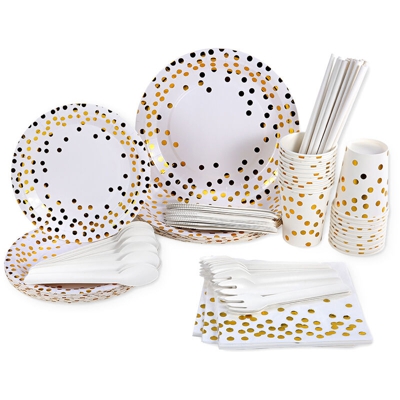 20 set Piatti di carta Bicchieri Cannucce Cucchiai Forchette Taglierini Tovaglioli Feste Stoviglie usa e getta 160 pezzi,Oro