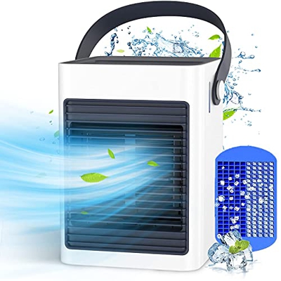 Mini Condizionatore Portatile, KOXXBSSA USB Personale Air Cooler, 3 in 1 Mini Raffreddatore D'aria per Casa Ufficio, LED Luce, 3 velocità